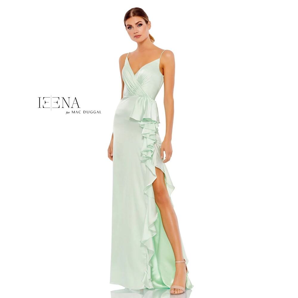 NWT Mac Duggal Pistachio Green Ruffle Satin Trumpet Gown Dress sz 0 Party Glams